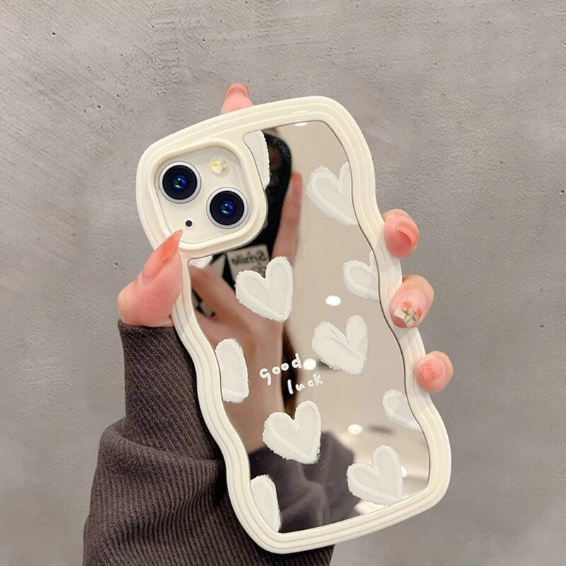 Hochwertige Schöne Weiße Herz Make-up Spiegel Hülle, MagSafe, Abdeckung | Apple iPhone 14/15 Pro Max 13/11/12/14 Plus XS X XR – Stoßfeste Softcover