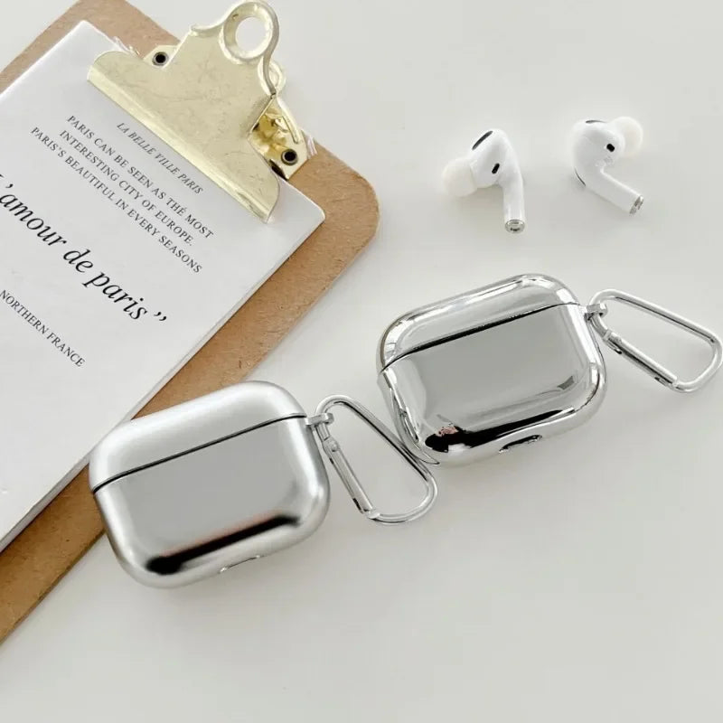 Premium Galvanisierte Hülle für Apple AirPods4/3/2/1 and Pro Series 2024/2022/2021/2019/2016 | MagSafe Case Schutzhülle – Silber-Metall Cover mit Schlüsselanhänger für AirPods