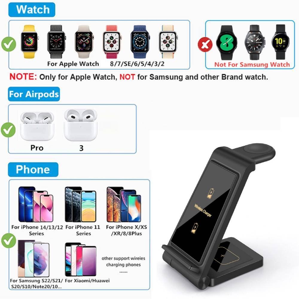 Premium 3-in-1 25W Quick Charge Dock | Wireless Charger for Smartphones, Apple iPhone, Samsung, iOS & Android Watch, AirPods, Android, Samsung Galaxy Buds, Earphones | Fast Wireless Charging Station