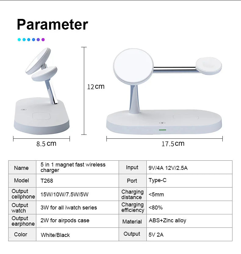 5-in-1 Magnetischer Kabelloser Ladeständer für Smartphones, Apple iPhone, Samsung, iOS & Android Apple Watch 9/8/7, AirPods | Schnelle Wireless-Charging-Dockingstation