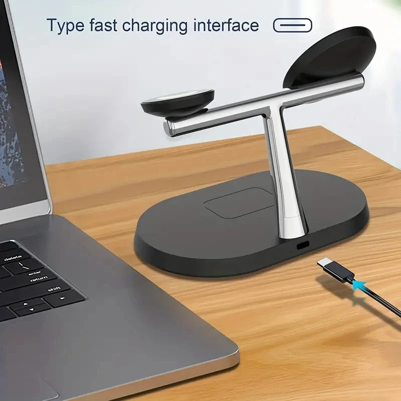 3-in-1 Schnellladestation | Premium Wireless Fast Charging Dockingstation mit Wecker | für Smartphones, Apple iPhone, Samsung, iOS & Android