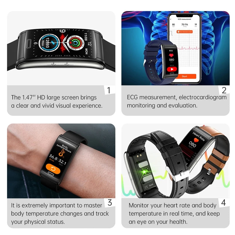 Premium Hochwertiges, nicht-invasives Blutzucker-EKG + PPG Gesundheits-Smart-Armband | IP68 Wasserdichte Sport-Smartwatch für Männer mit Blutzuckermessung