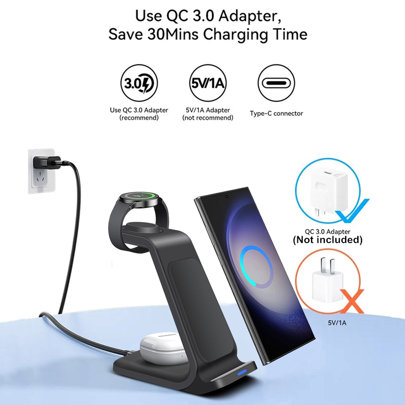 3-in-1 Kabelloser Ladestation Smartphones, Apple iPhone, Samsung, iOS & Android AirPods Ladegerät | Magnetisches Schnellladestation Docking Station 20W Wireless Charging Station