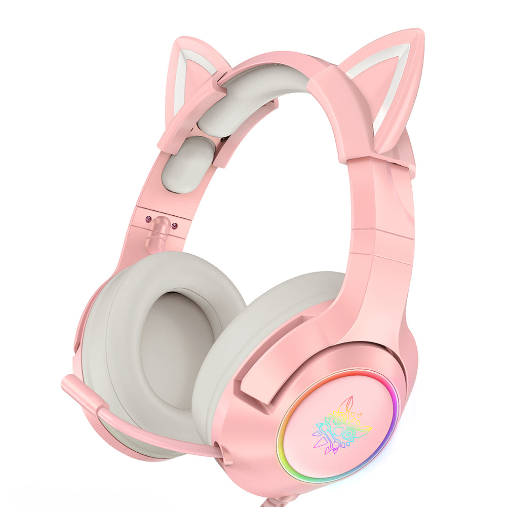 Hochwertiges Onikuma X15 Pro Over-Ear Gaming-Headset mit Kabel | Geräuschunterdrückung, Rosa Katzenohren, RGB-Licht und Mikrofon für PC PS4 Gaming