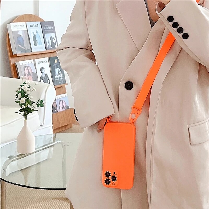 High-Quality Crossbody Necklace Strap Lanyard Cord Soft Silicone iPhone Case | MagSafe Case with Camera Lens Cover for Apple iPhone 16/15/14/13/12 Pro Max, Plus, Mini Cover – Crossbody Strap, Shoulder Strap, Card Holder | Premium Protective Cover