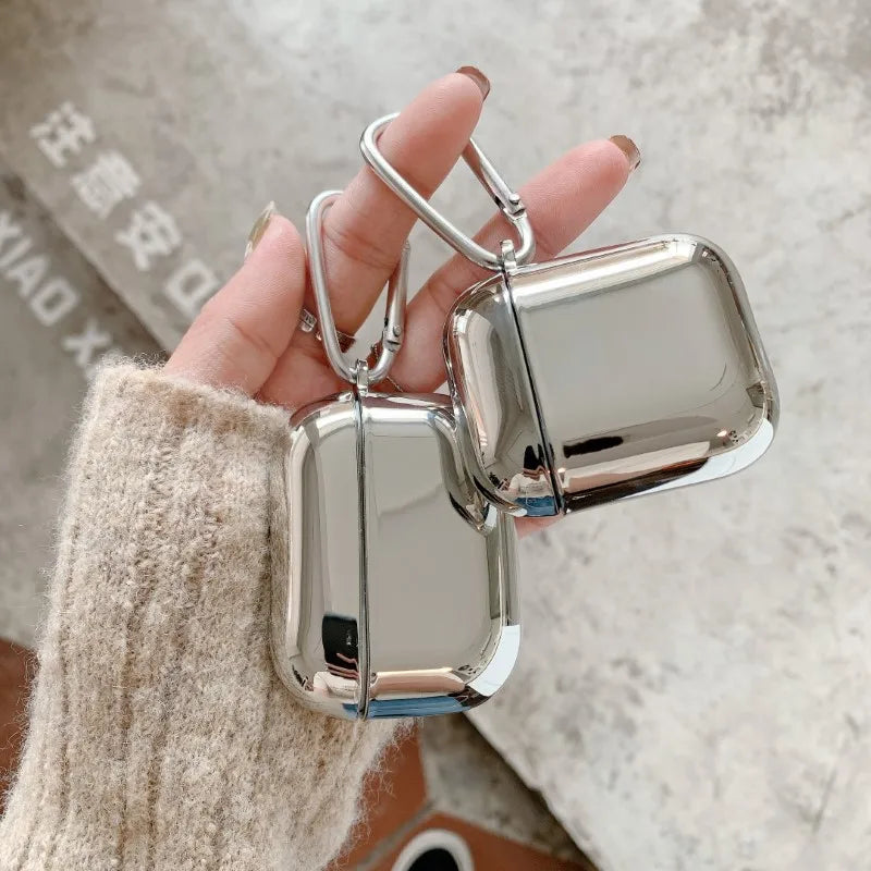 Premium Galvanisierte Hülle für Apple AirPods4/3/2/1 and Pro Series 2024/2022/2021/2019/2016 | MagSafe Case Schutzhülle – Silber-Metall Cover mit Schlüsselanhänger für AirPods