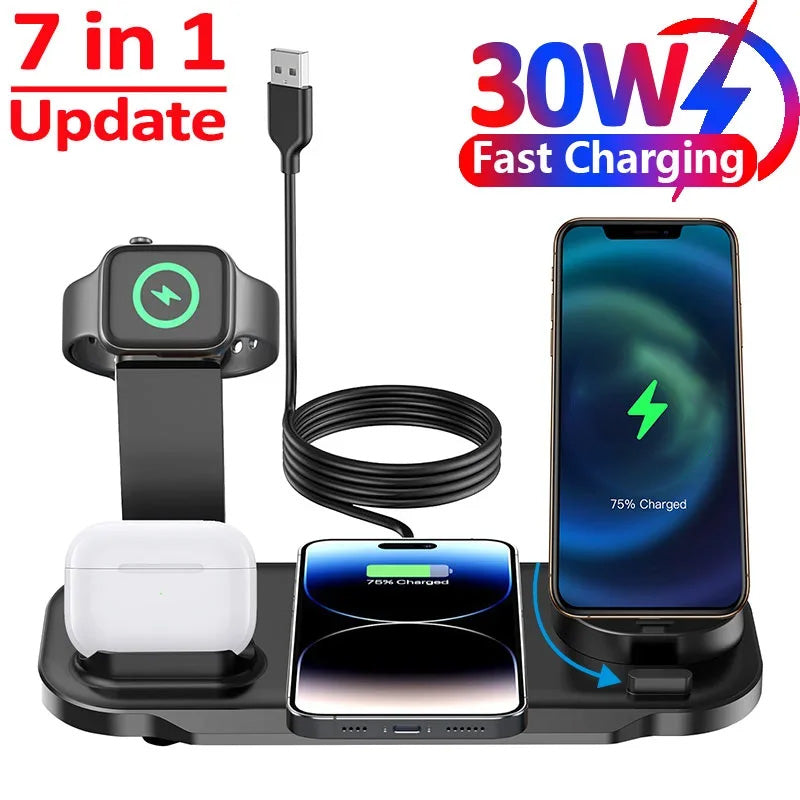 Premium 3-in-1 LED Schnellladestation | Multifunktional Kabelloses Ladegerät Fast Wireless Charging Station Dockingstation für Smartphones, Apple iPhone, Samsung, iOS & Android | Phone/Tablet Ständer & Halter