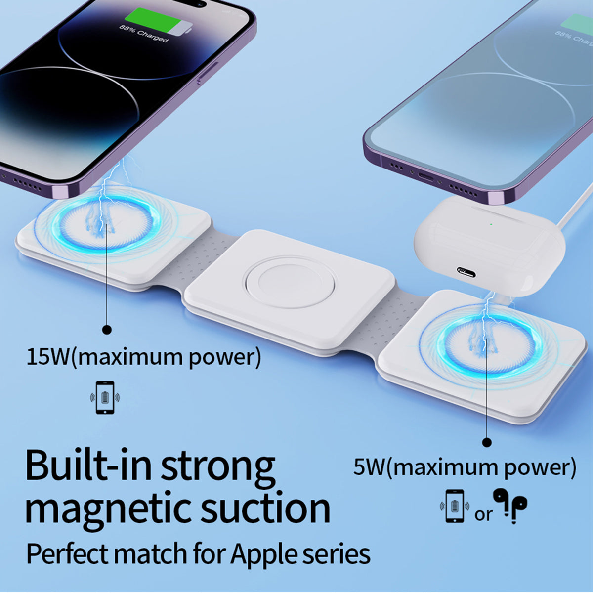 3 In 1 Faltbarer Magnetischer Ladestation 15W Kabellose Ladegerät Aluminium Schnellladestation Dockingstation Wireless Charging Station Smartphones, Apple iPhone, Samsung, iOS & Android