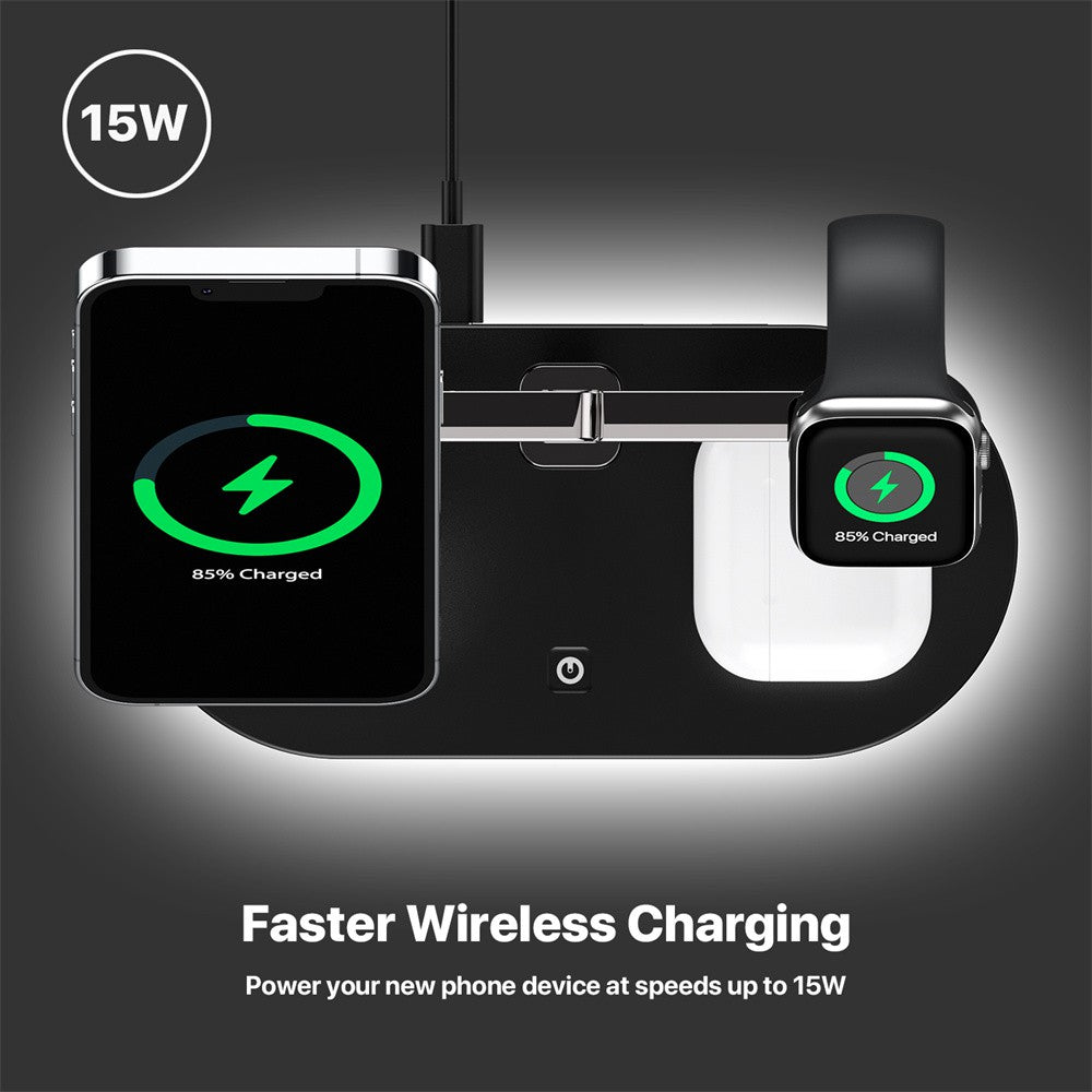 Premium 3-in-1 LED Schnellladestation | Multifunktional Kabelloses Ladegerät Fast Wireless Charging Station Dockingstation für Smartphones, Apple iPhone, Samsung, iOS & Android | Phone/Tablet Ständer & Halter