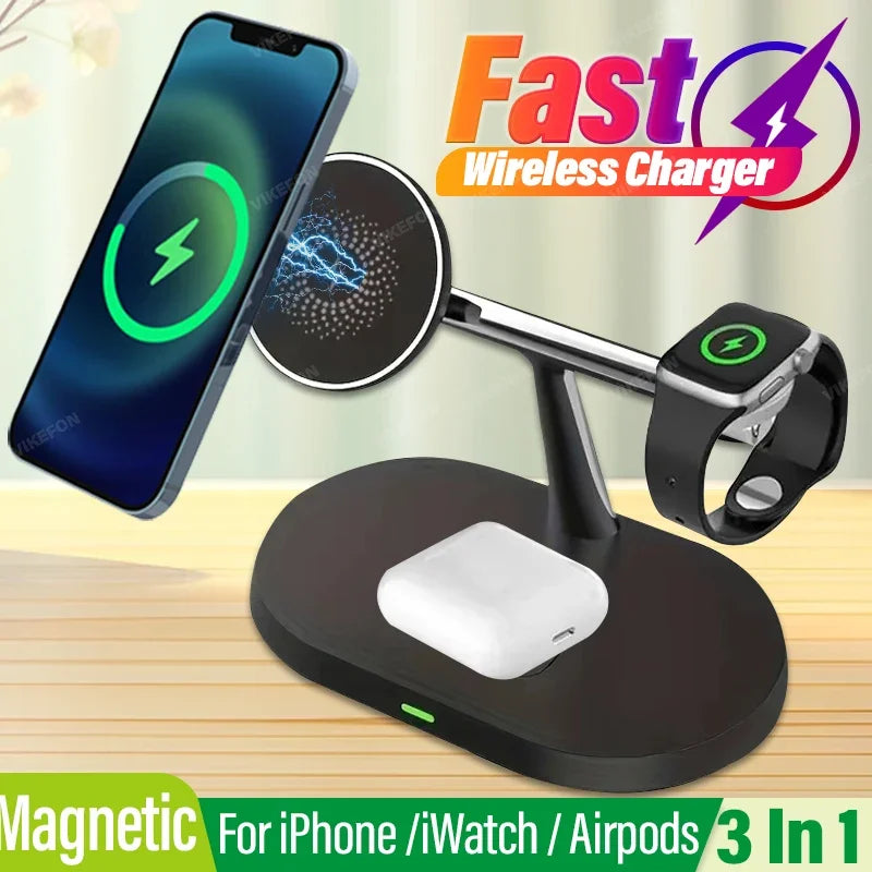 3 in 1 Kabelloses Schnell magnetische MagSafe Ladestation | Wireless Charging Station Fast Docking Station Ladegerät für Smartphones, Apple iPhone, Samsung, iOS & Android Watch & Airpods