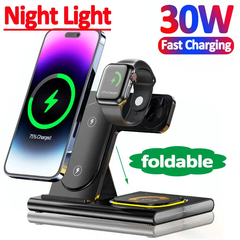 3 in 1 Kabelloses Schnell Ladestation 30W Faltbare Ladegerät LED Ladeständer: Charging Station MagSafe Dockingstation für Smartphones, Apple iPhone, Samsung, iOS & Android Watch, AirPods