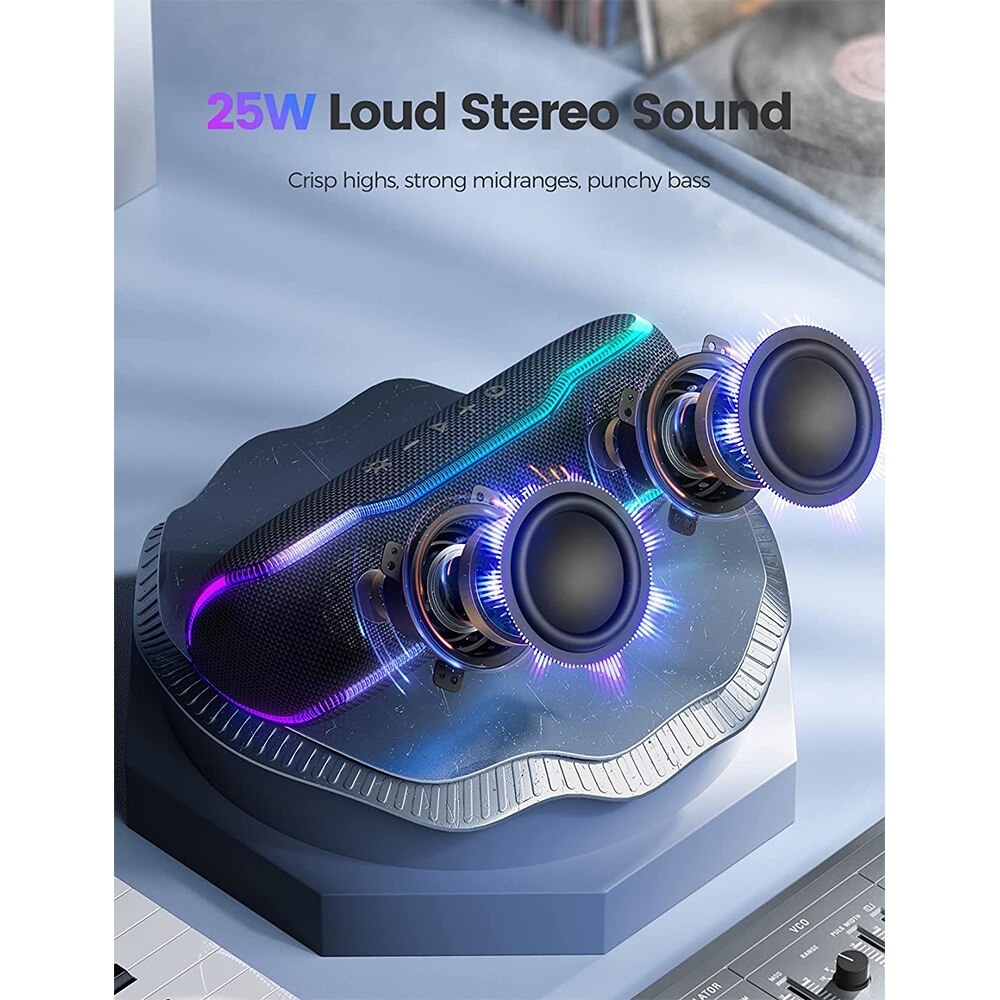 Premium Outdoor-Lautsprecher: Tragbar, IPX7 Wasserdicht, 25W, Buntes Licht, BT 5.3 Stereo-Soundbox | Kompatibel mit Apple