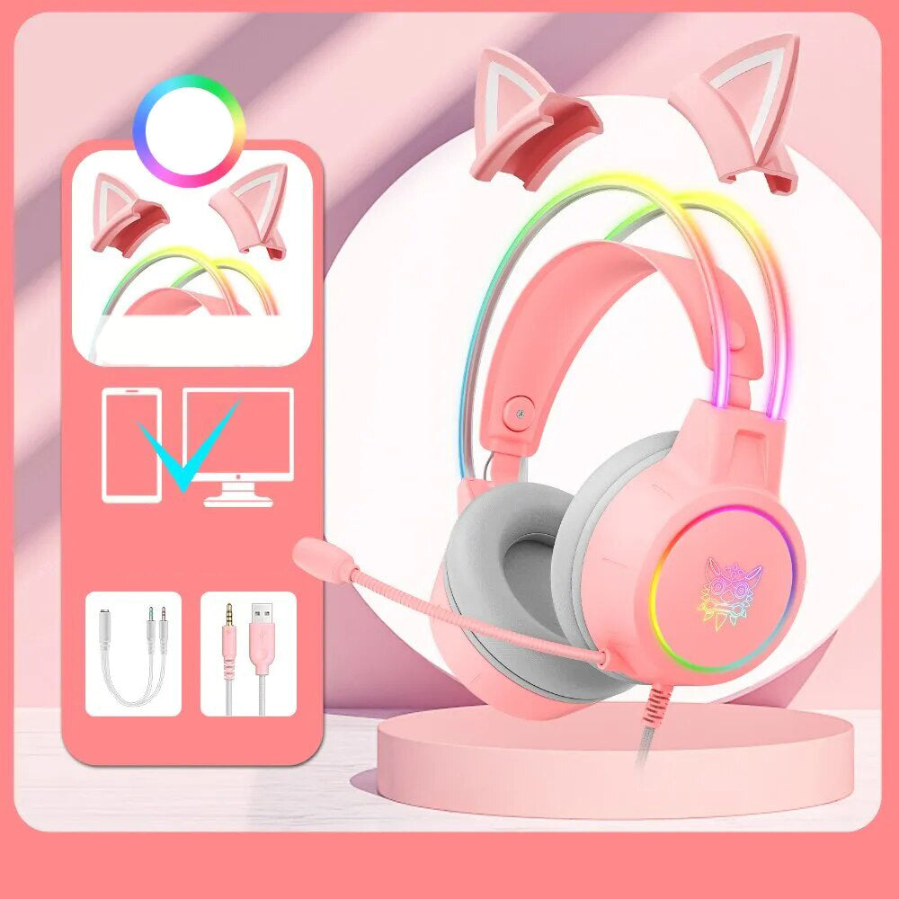 Hochwertiges Onikuma X15 Pro Over-Ear Gaming-Headset mit Kabel | Geräuschunterdrückung, Rosa Katzenohren, RGB-Licht und
