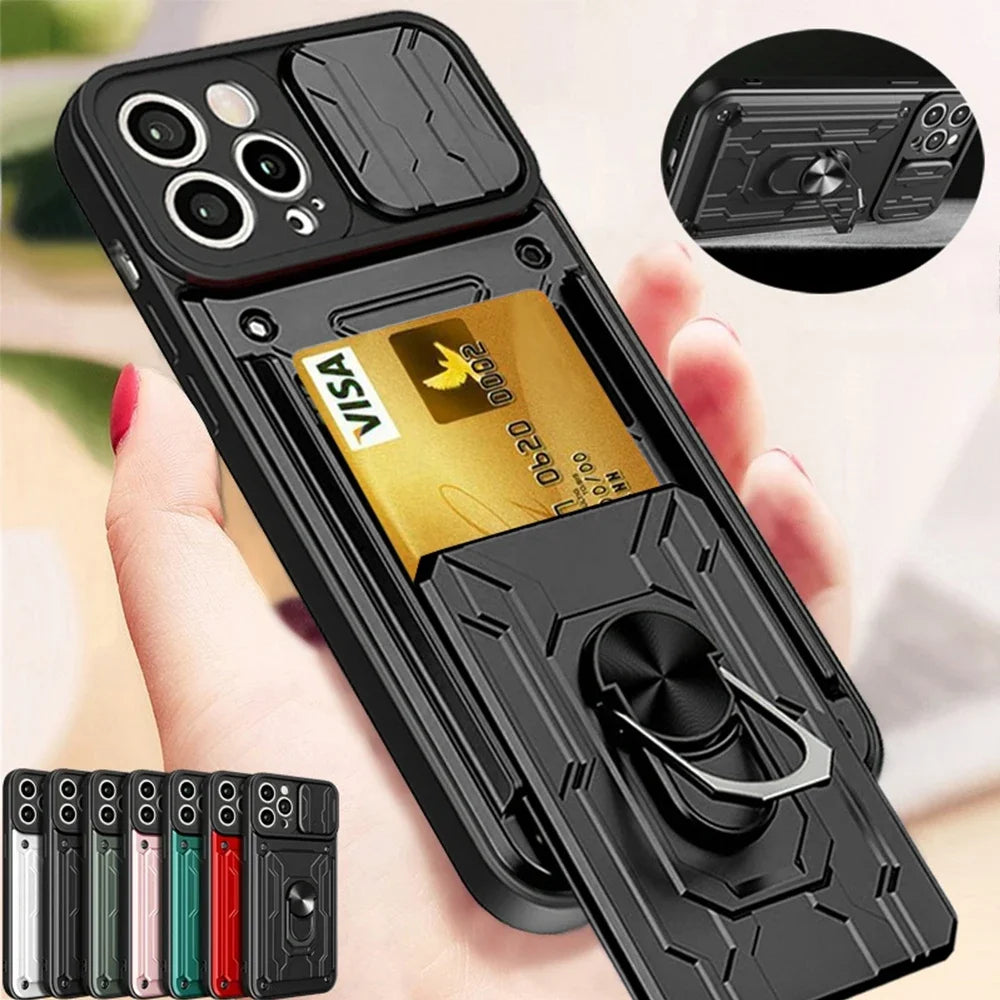 High-Quality Liquid Silicone Card Holder with Ring and Magnetic Stand iPhone Case | MagSafe Case with 360-Degree Protection and Camera Lens Cover for Apple iPhone 16/15/14/13/12 Pro Max Plus Mini Cover | Armor Phone Case | Premium Wallet Protective Cover