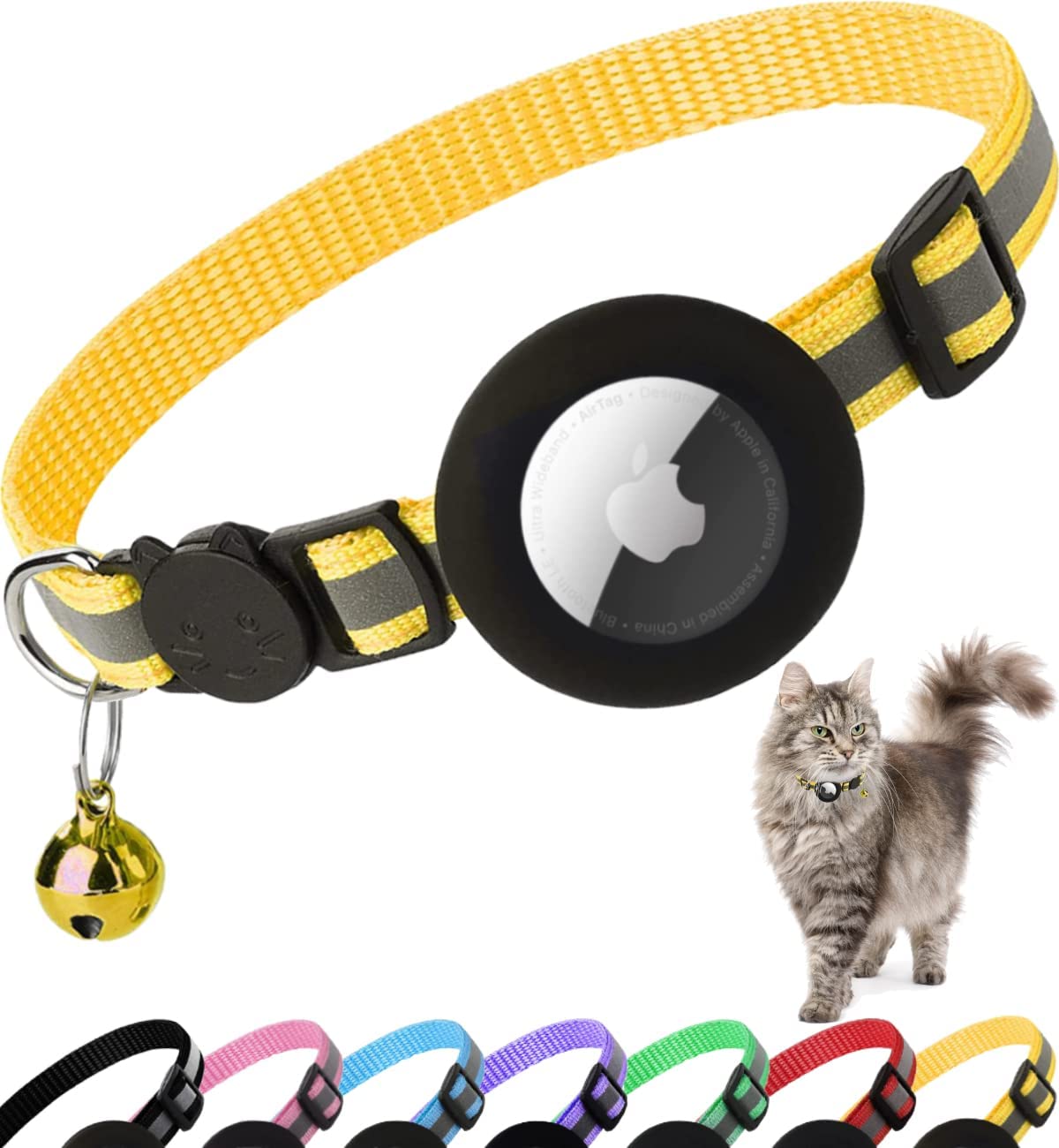 Premium Abnehmbares AirTag Hülle & Case Katzenhalsband: Reflektierendes Cover mit Apple AirTag-Halterung | Glocke