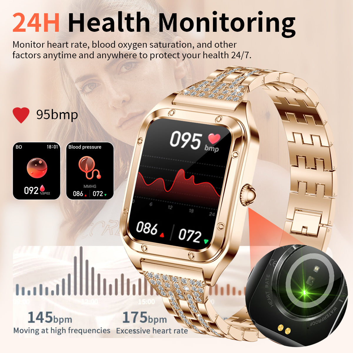 Luxus Mode Smartwatch für Damen | Bluetooth-Anruf, Blutdruckmessung, Multifunktions-Sportarmband, wasserdicht |