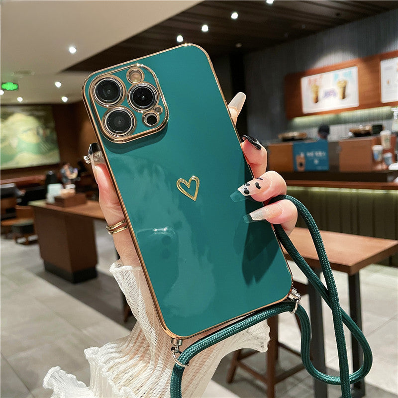 Premium Crossbody Strap Lanyard iPhone Case with Luxury Coating Love Heart Design Soft Silicone | MagSafe Case with Camera Lens Cover for Apple iPhone 16/15/14/13/12 Pro Max, Plus, Mini Cover – Crossbody Strap, Shoulder Strap Protective Cover