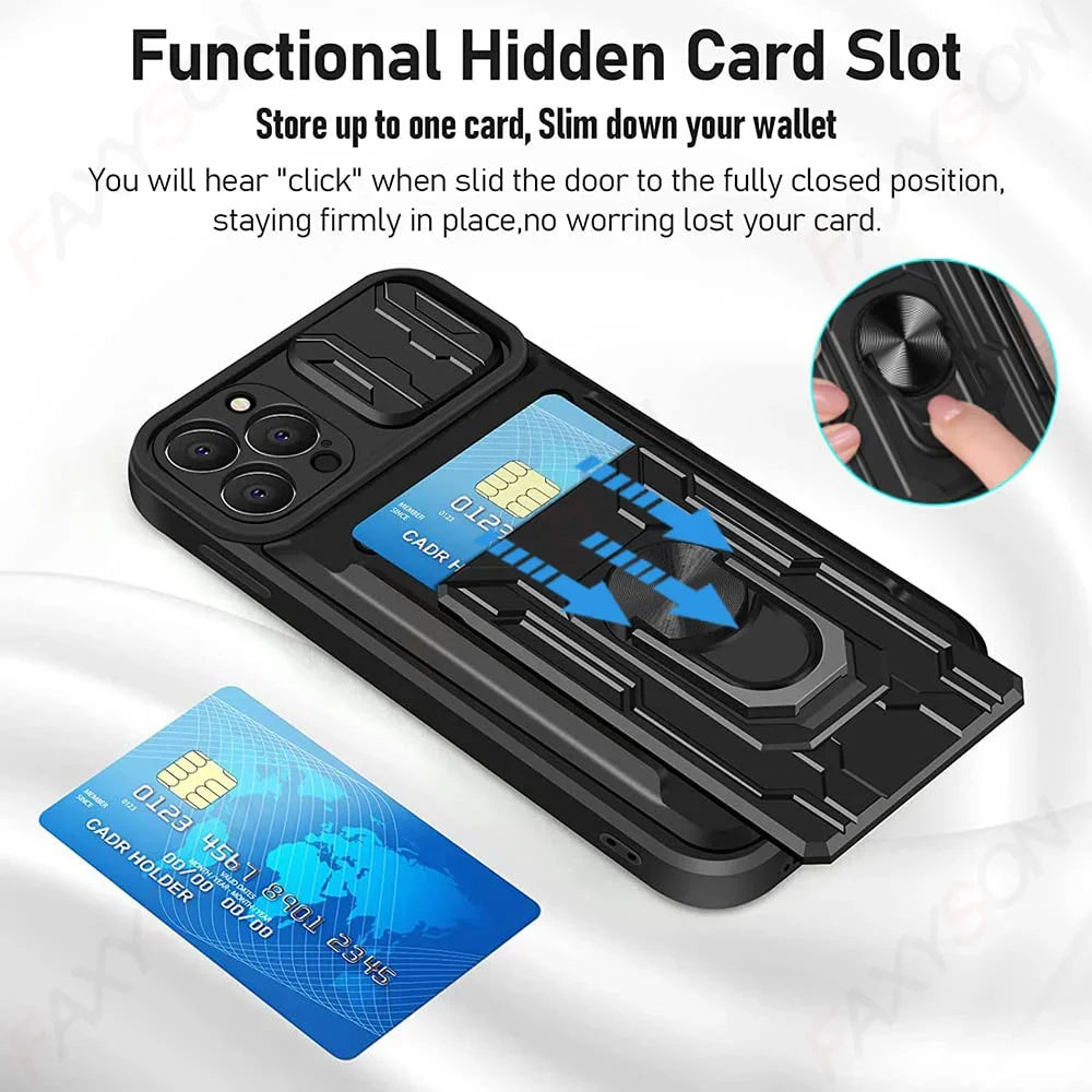 High-Quality Liquid Silicone Card Holder with Ring and Magnetic Stand iPhone Case | MagSafe Case with 360-Degree Protection and Camera Lens Cover for Apple iPhone 16/15/14/13/12 Pro Max Plus Mini Cover | Armor Phone Case | Premium Wallet Protective Cover