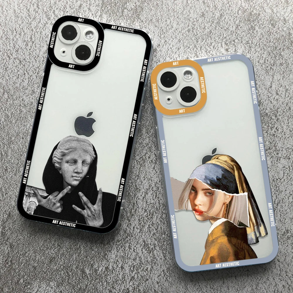 Premium Kunst Ästhetisches History Design: 'David & Mona Lisa' Klare iPhone-Hülle | MagSafe-Case mit Rundumschutz & Kameralinsenschutz für Apple iPhone 16/15/14/13/12 Pro Max, Plus, Mini Cover | Stoßfeste Handyhülle mit Panzertasche & Stoßstangenabdeckung