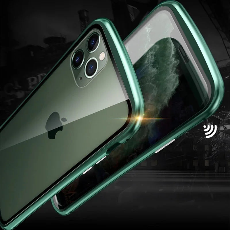 Hochwertige iPhone Hülle aus Metallrahmen und doppelseitigem Glas | MagSafe-kompatible, Magnetische Adsorption für 360° Vollschutz Case | Stoßfest Glasobjektiv-Kameraschutz Panzer-Schutzhülle | Cover für Apple iPhone 16/15/14/13/12 Pro Max, Plus, Mini