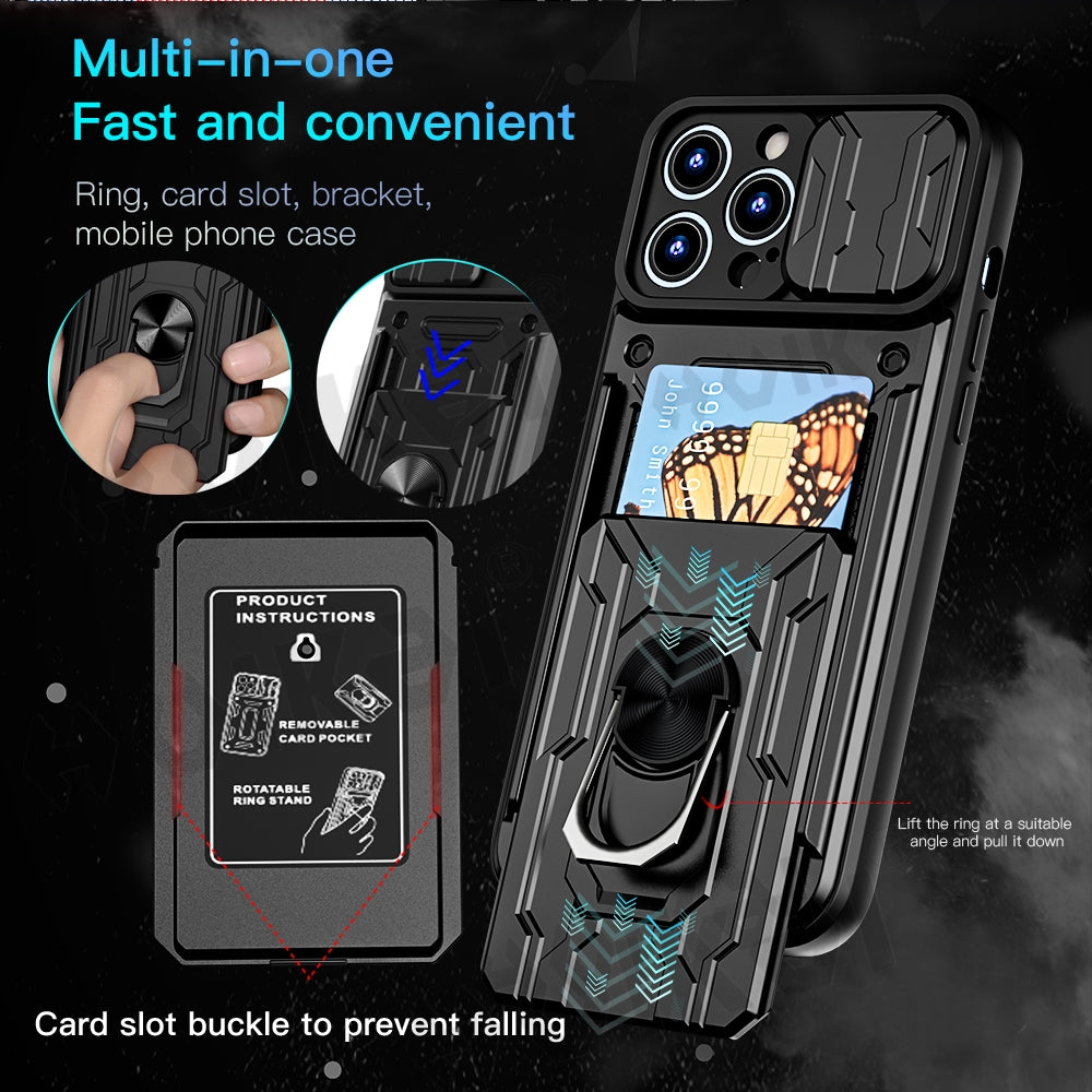 High-Quality Liquid Silicone Card Holder with Ring and Magnetic Stand iPhone Case | MagSafe Case with 360-Degree Protection and Camera Lens Cover for Apple iPhone 16/15/14/13/12 Pro Max Plus Mini Cover | Armor Phone Case | Premium Wallet Protective Cover