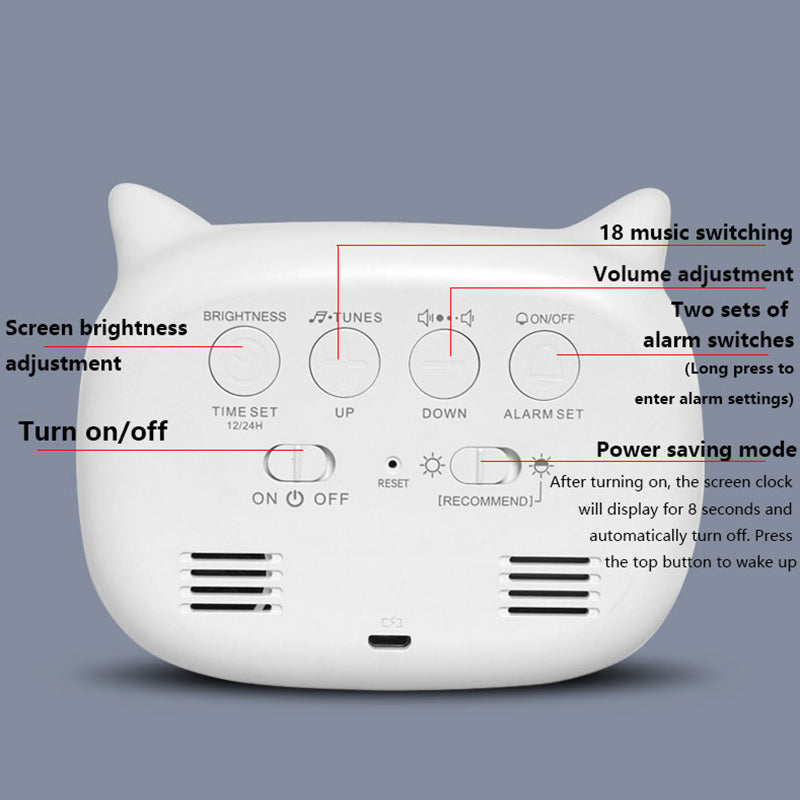 Premium Wiederaufladbarer Digitaler Wecker mit Katzen-Design: Nachtlicht, Touch-Snooze, Always-On Display, 12/24h, Dual-Alarm, Musik, LED-Tischuhr