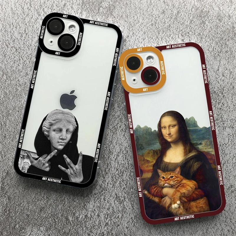 Premium Kunst Ästhetisches History Design: 'David & Mona Lisa' Klare iPhone-Hülle | MagSafe-Case mit Rundumschutz & Kameralinsenschutz für Apple iPhone 16/15/14/13/12 Pro Max, Plus, Mini Cover | Stoßfeste Handyhülle mit Panzertasche & Stoßstangenabdeckung