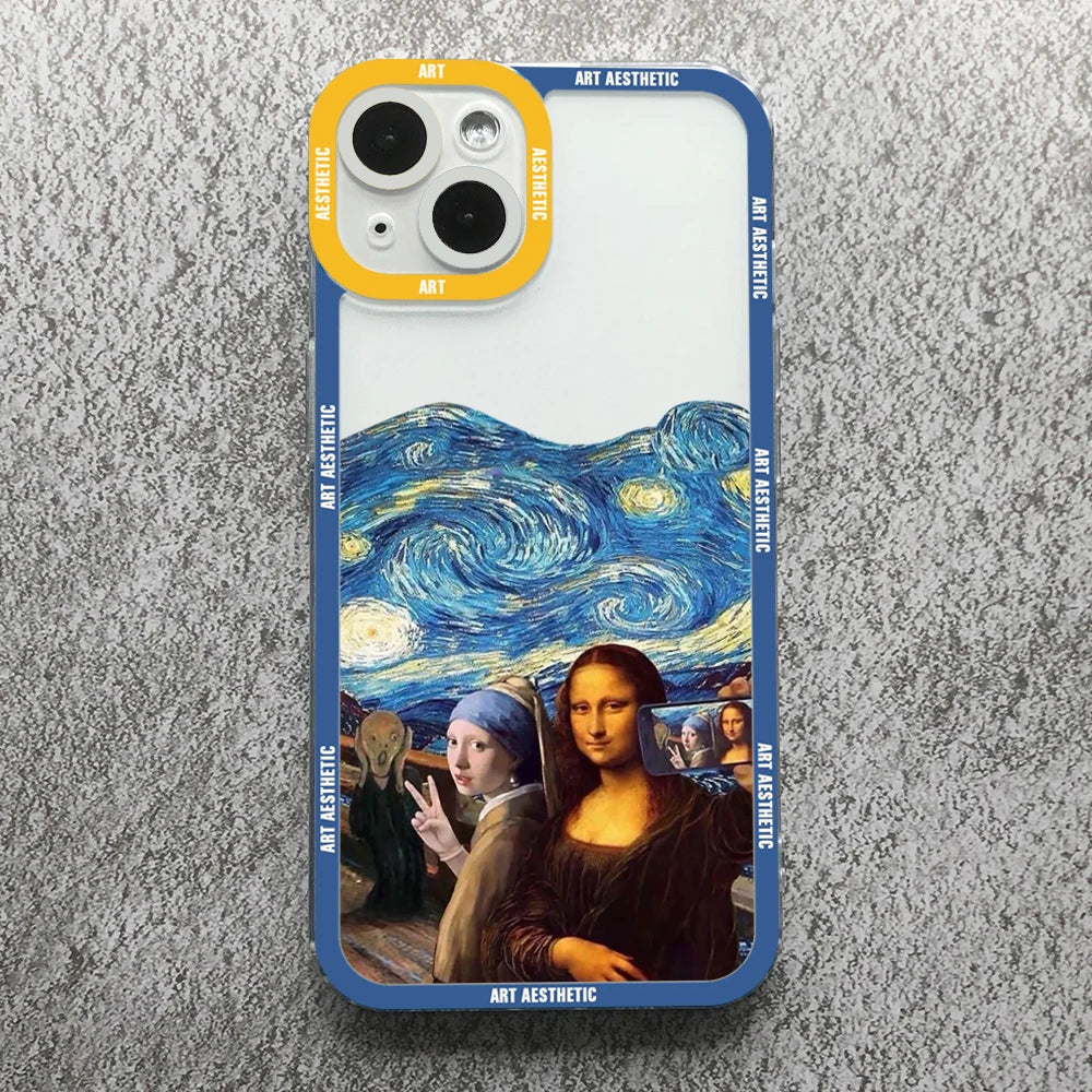 Premium Kunst Ästhetisches History Design: 'David & Mona Lisa' Klare iPhone-Hülle | MagSafe-Case Rundumschutz & Kameralinsenschutz für Apple iPhone SE (3rd & 2nd Gen), 12 Mini, 11 Pro/Max, 11, XS/Max, XR, X, 8/Plus, 7/Plus, 6S/Plus, 6/Plus, 5S, 5