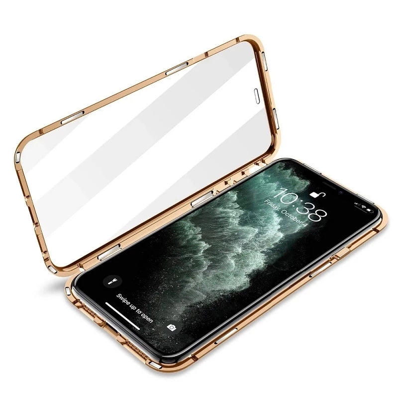 Hochwertige iPhone Hülle aus Metallrahmen und doppelseitigem Glas | MagSafe-kompatible, Magnetische Adsorption für 360° Vollschutz Case | Stoßfest Glasobjektiv-Kameraschutz Panzer-Schutzhülle | Cover für Apple iPhone 16/15/14/13/12 Pro Max, Plus, Mini