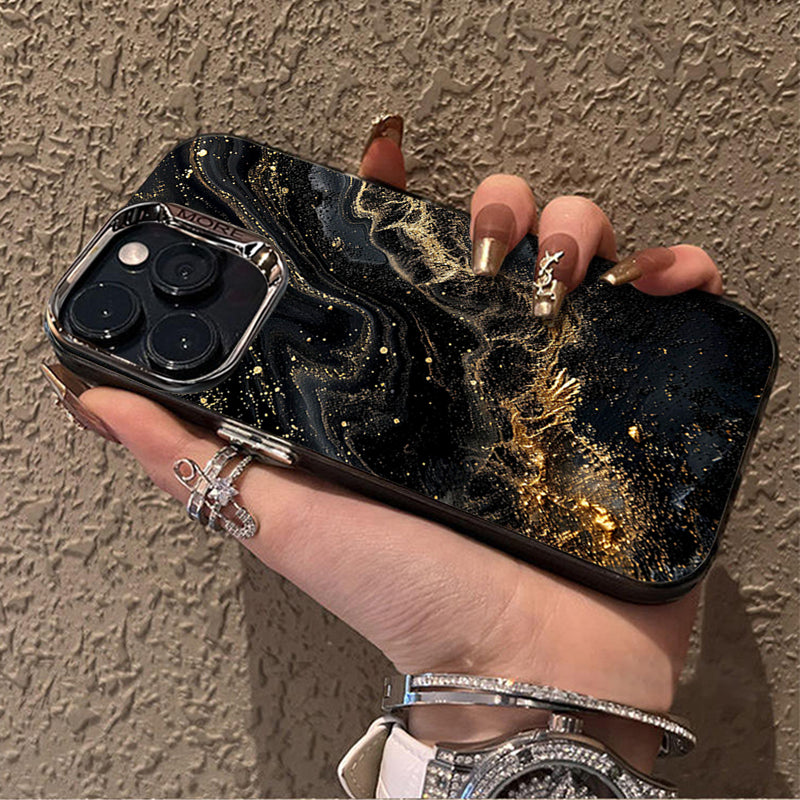 Luxury Black Marble iPhone Case with Gold Edges: Camera Protection & Durable Cover | MagSafe-Compatible for Apple iPhone 16/15/14/13/12 Pro Max, Plus, Mini Cover - 3D Texture for Enhanced Grip | 360-Degree Protection with Camera Lens Protection Armor Case