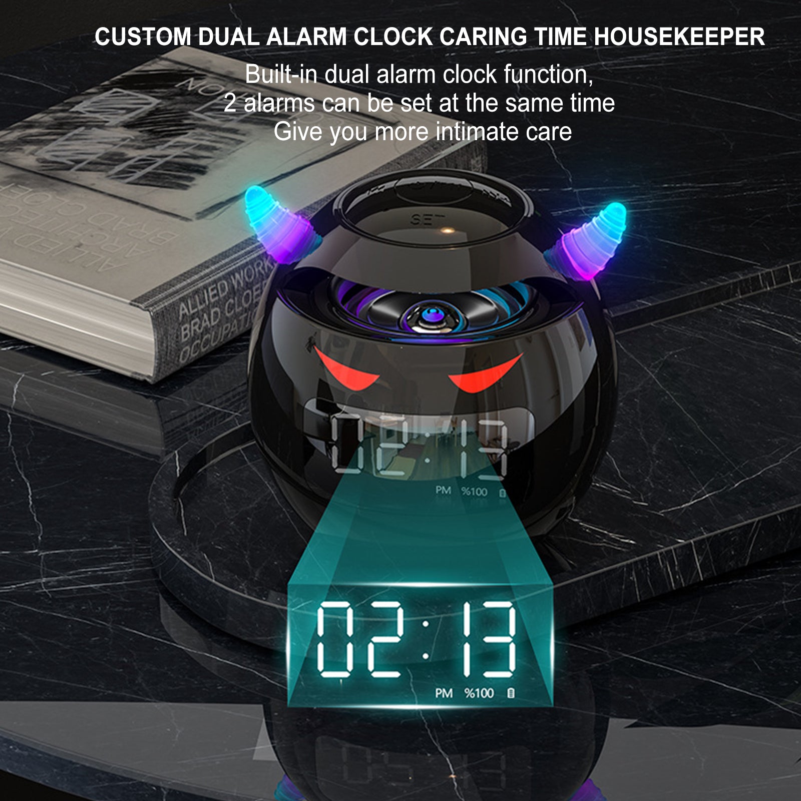 Mini-Lautsprecher Bluetooth-Wecker mit Uhr | Kleines Teufel-Design, Wecker, Audio Mini-Subwoofer, Karte