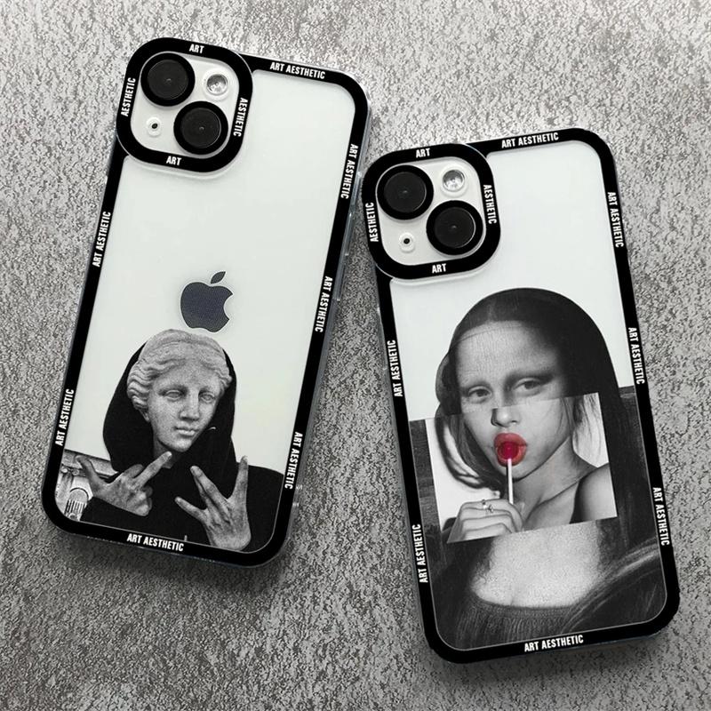 Premium Kunst Ästhetisches History Design: 'David & Mona Lisa' Klare iPhone-Hülle | MagSafe-Case mit Rundumschutz & Kameralinsenschutz für Apple iPhone 16/15/14/13/12 Pro Max, Plus, Mini Cover | Stoßfeste Handyhülle mit Panzertasche & Stoßstangenabdeckung