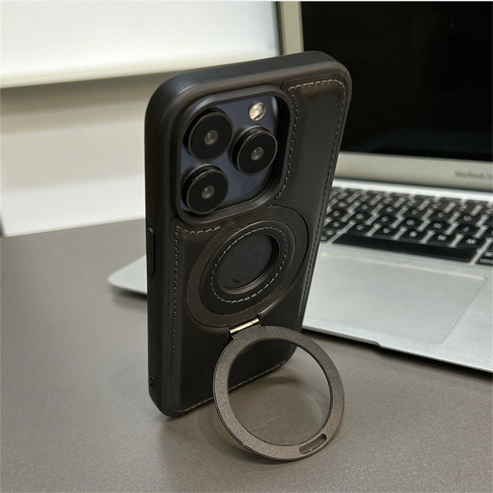 Premium Leather iPhone Case with Magnetic Ring Stand: 360-Degree Rotating Gyro Stand Function & Foldable Holder | MagSafe Case with 360-Degree Protection and Camera Lens Protection for Apple iPhone 16/15/14/13/12 Pro Max, Plus, Mini Armor Protectiv Cover