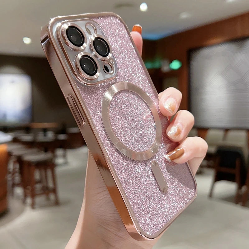 Luxury Crossbody Lanyard Gradient Glitter Magnetic Case iPhone Case | MagSafe Case with Camera Lens Protection Cover for Apple iPhone 16/15/14/13/12 Pro Max Plus Mini | Armor Soft TPU Plating Phone Case | Premium Protection