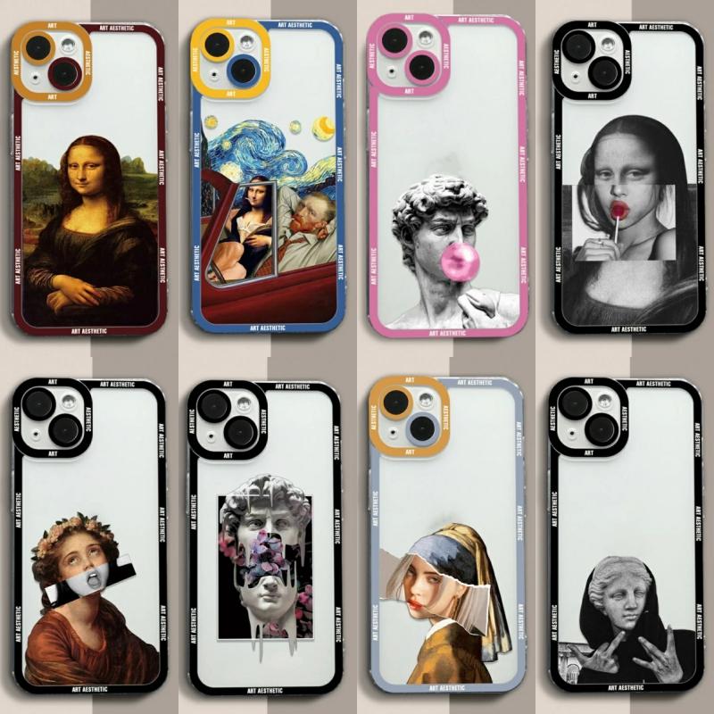 Premium Kunst Ästhetisches History Design: 'David & Mona Lisa' Klare iPhone-Hülle | MagSafe-Case Rundumschutz & Kameralinsenschutz für Apple iPhone 16/15/14/13/12 Pro Max, Pro, Plus, e & Mini Cover | Stoßfeste Handyhülle Panzertasche Stoßstangenabdeckung