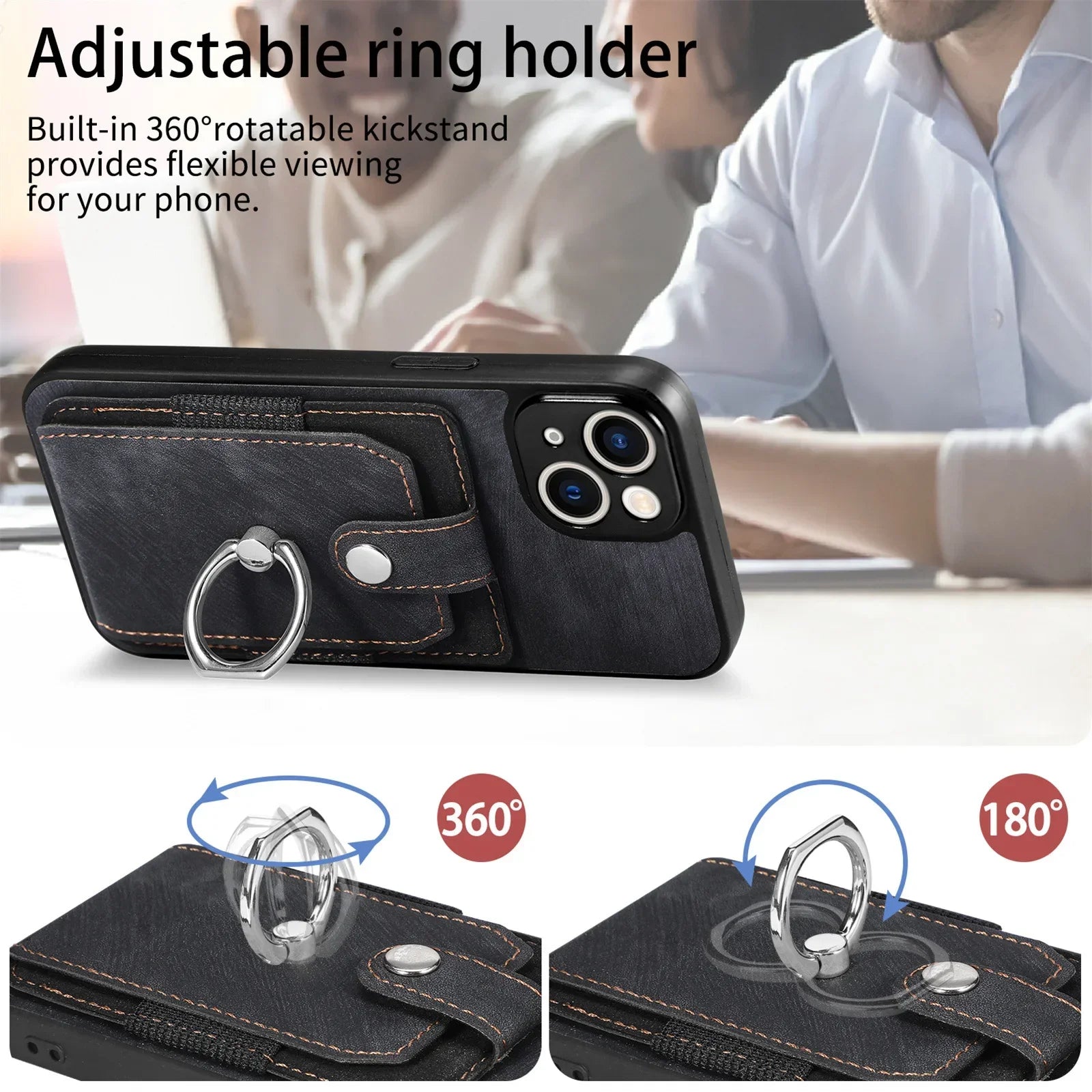 Hochwertige Karten-Slot-Brieftasche, Portmonee mit Leder-Ringhalterung iPhone-Hülle | MagSafe Case mit Kameralinsenschutzabdeckung für Apple iPhone 16/15/14/13/12 Pro Max Plus Mini Cover | Panzertasche Handyhülle | Wallet & Geldbörse Schutzhülle