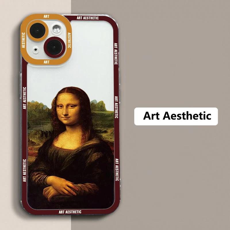 Premium Kunst Ästhetisches History Design: 'David & Mona Lisa' Klare iPhone-Hülle | MagSafe-Case mit Rundumschutz & Kameralinsenschutz für Apple iPhone 16/15/14/13/12 Pro Max, Plus, Mini Cover | Stoßfeste Handyhülle mit Panzertasche & Stoßstangenabdeckung