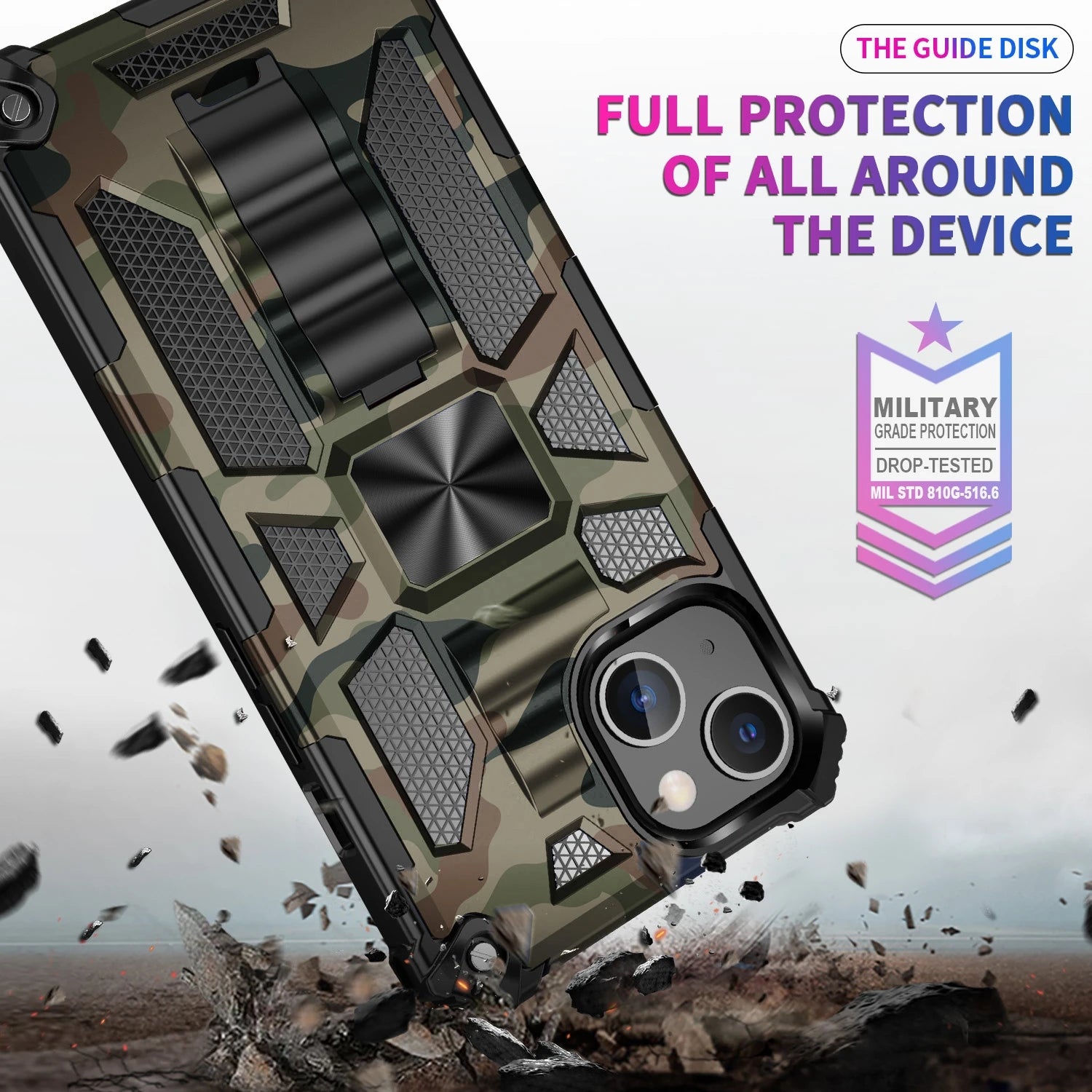 Hochwertige Hybrid-Militärpanzerung iPhone-Hülle MagSafe Case für Apple iPhone 16/15/14/13/12 Pro Max Plus Mini mit eingebautem Ständer, Tarnung-Cover, Kamera-Rundumschutz und Bildschirmschutz Handyhülle