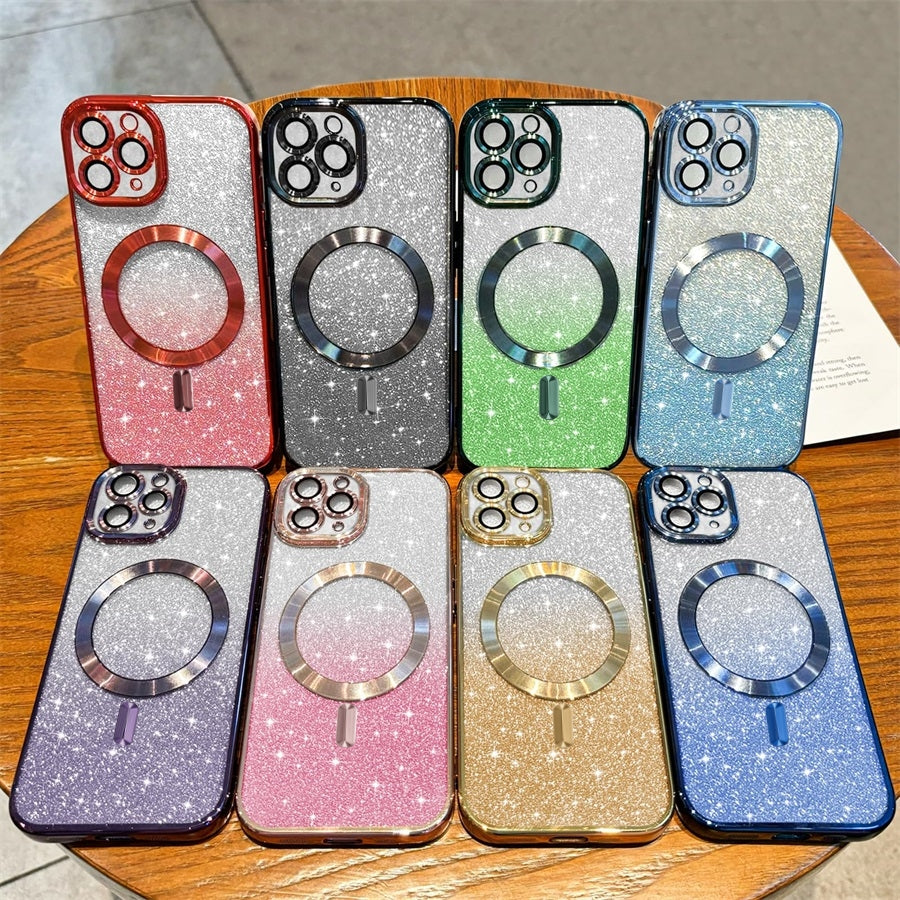 Luxury Crossbody Lanyard Gradient Glitter Magnetic Case iPhone Case | MagSafe Case with Camera Lens Protection Cover for Apple iPhone 16/15/14/13/12 Pro Max Plus Mini | Armor Soft TPU Plating Phone Case | Premium Protection