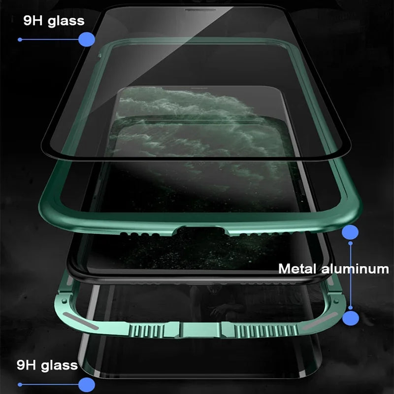 Hochwertige iPhone Hülle aus Metallrahmen und doppelseitigem Glas | MagSafe-kompatible, Magnetische Adsorption für 360° Vollschutz Case | Stoßfest Glasobjektiv-Kameraschutz Panzer-Schutzhülle | Cover für Apple iPhone 16/15/14/13/12 Pro Max, Plus, Mini