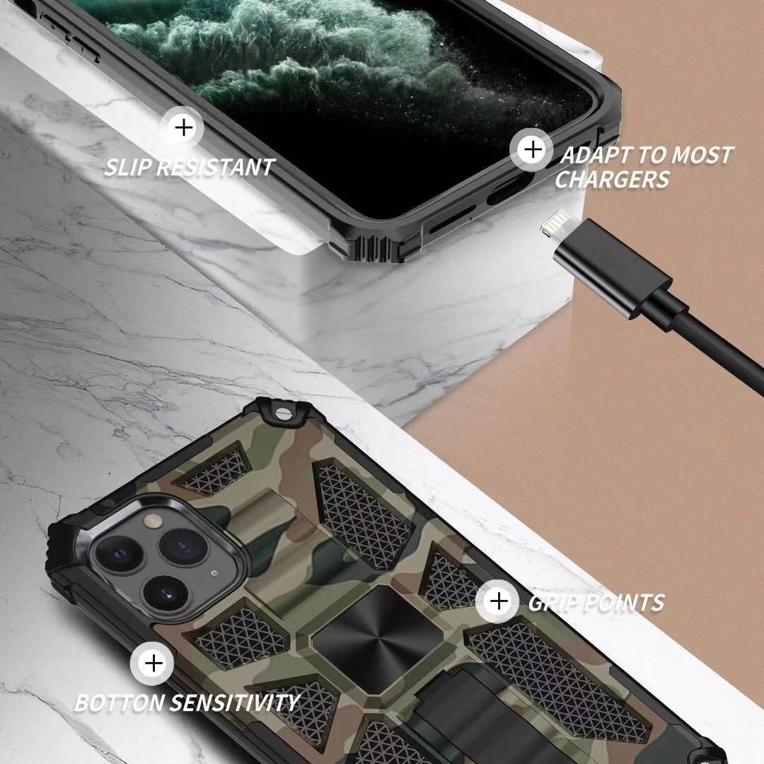 Hochwertige Hybrid-Militärpanzerung iPhone-Hülle MagSafe Case für Apple iPhone 16/15/14/13/12 Pro Max Plus Mini mit eingebautem Ständer, Tarnung-Cover, Kamera-Rundumschutz und Bildschirmschutz Handyhülle