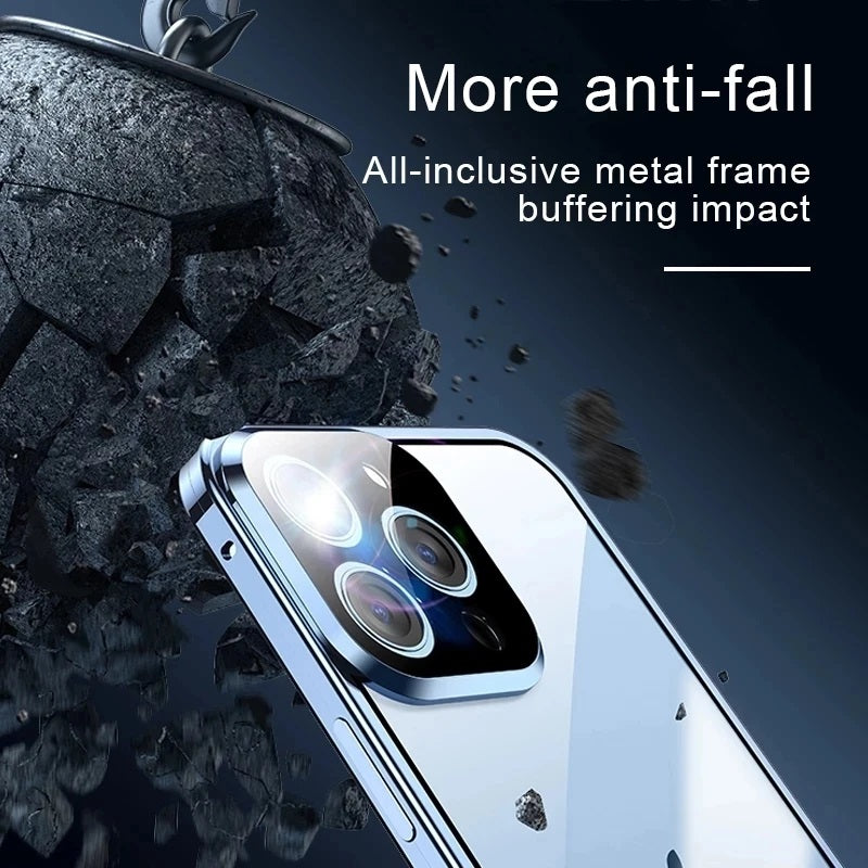 Hochwertige iPhone Hülle mit 360° Vollversiegeltem Schutz aus Glas und Metall | MagSafe-kompatible Schutzhülle mit Rundumschutz und Kameralinsenschutz für Apple iPhone 16/15/14/13/12 Pro Max, Plus, Mini Cover | Panzertasche und Stoßstangenabdeckung