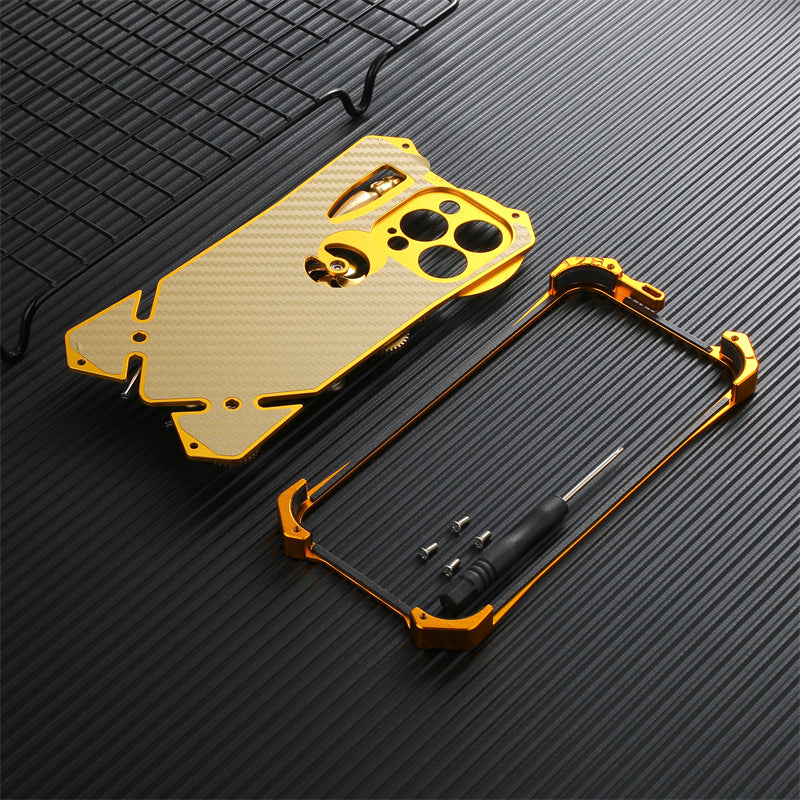 Premium Mechanisches Gaming-Design: Stoßfeste Metall-Handyhülle mit Zahänder und MagSafe iPhone Hulle | Aluminium Kühlung, Schädel-Kompass-Abdeckung für Apple iPhone 16/15/14/13/12 Pro Max Plus Mini Cover | MagSafe Case, Rundhutz & Kameralinsenschutz