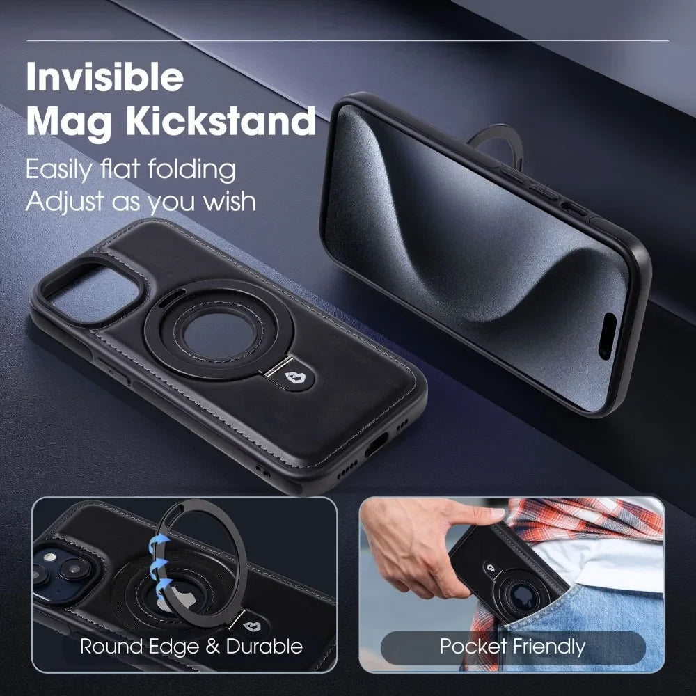 Premium Leather iPhone Case with Magnetic Ring Stand: 360-Degree Rotating Gyro Stand Function & Foldable Holder | MagSafe Case with 360-Degree Protection and Camera Lens Protection for Apple iPhone 16/15/14/13/12 Pro Max, Plus, Mini Armor Protectiv Cover