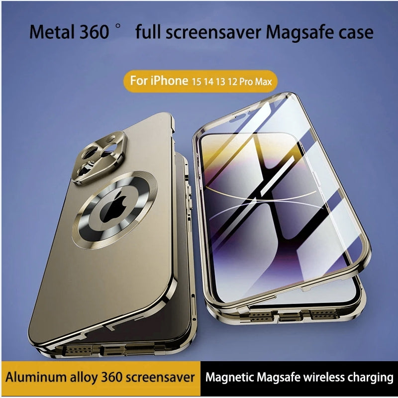 Luxury Ultra-Thin iPhone Case: Metal Alloy and Glass, Privacy Protection, Double-Sided 360° Full Protection | MagSafe-Compatible Magnetic Adsorption | Shockproof with Camera Protection Case | Apple iPhone 16/15/14/13/12 Pro Max, Plus, Mini Cover