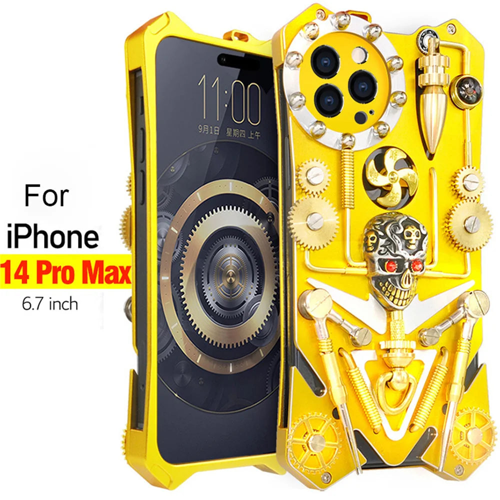 Premium Mechanical Gaming Design: Shockproof Metal iPhone Case with Gear Stand and MagSafe iPhone Case | Aluminum Cooling, Skull Compass Cover for Apple iPhone 16/15/14/13/12 Pro Max, Plus, Mini Cover | MagSafe Case, 360-Degree Pction & Camera Lens Cover