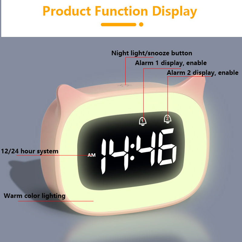 Premium Wiederaufladbarer Digitaler Wecker mit Katzen-Design: Nachtlicht, Touch-Snooze, Always-On Display, 12/24h, Dual-Alarm, Musik, LED-Tischuhr