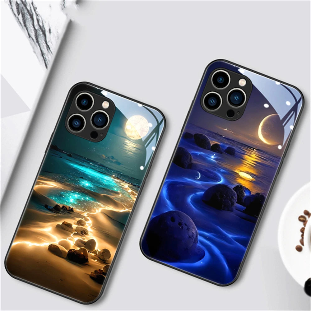 Luxury Design: Romantic Night Beach Landscape iPhone Case | MagSafe Case for Apple iPhone 16/15/14/13/12 Pro Max Plus Mini | Armor Cover with Camera Protector | Protective Phone Case