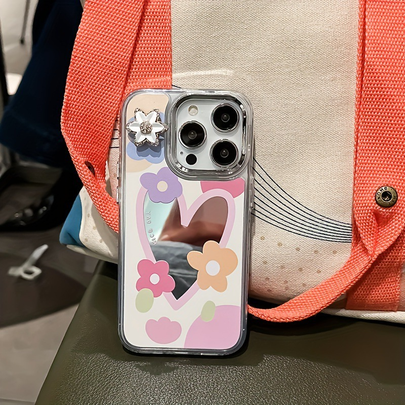 Premium süße Liebe-Herz-Blumen-Spiegel-Design iPhone-Hülle | MagSafe-Case mit Rundumschutz & Kameralinsenschutz für iPhone 16/15/14/13/12 Pro Max, Plus, Mini Cover | Panzertasche & Stoßstangenabdeckung | Hochwertige Handyhülle