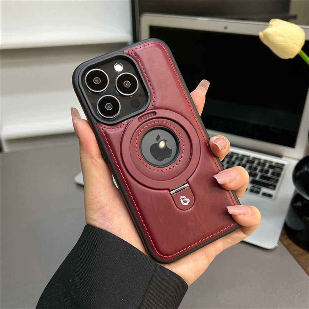 Premium Leather iPhone Case with Magnetic Ring Stand: 360-Degree Rotating Gyro Stand Function & Foldable Holder | MagSafe Case with 360-Degree Protection and Camera Lens Protection for Apple iPhone 16/15/14/13/12 Pro Max, Plus, Mini Armor Protectiv Cover